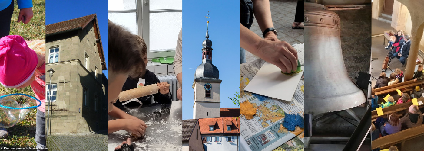 Verschiedene Bilder aus dem Gemeindeleben: Kigo, Gemeindehaus, Ferienpassaktion, Kirche, Backen, Glocken, Kinderbibeltag